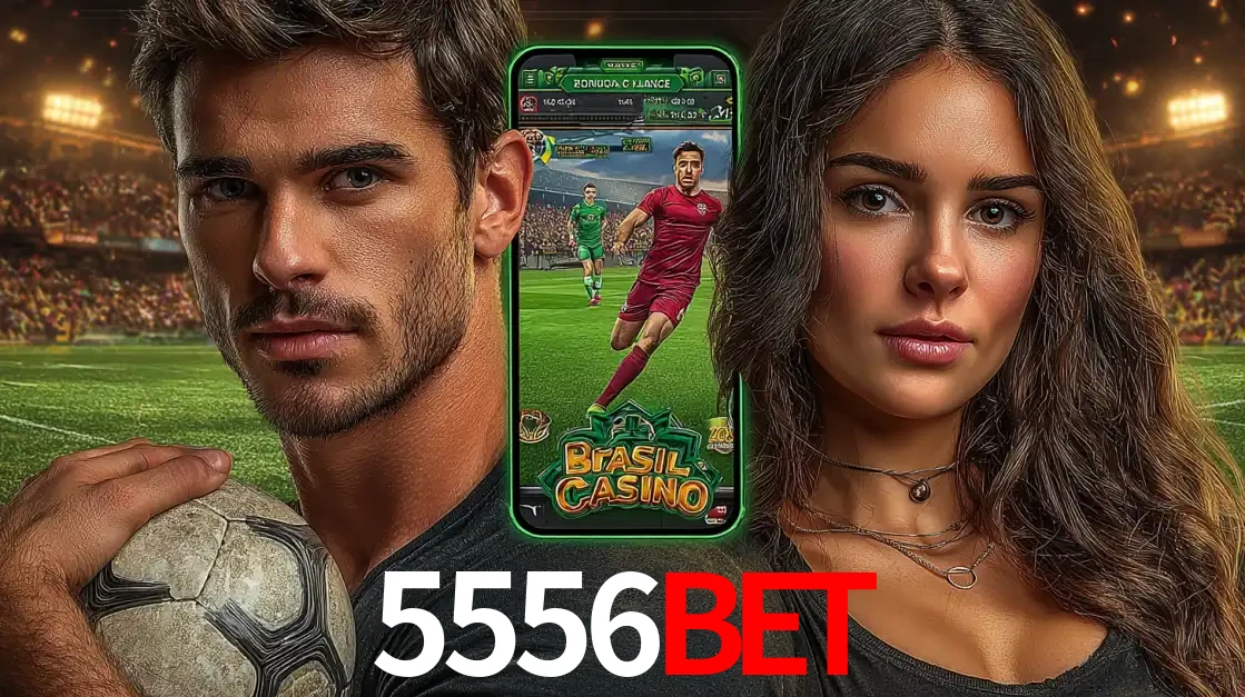 Homem segurando uma bola de futebol e uma mulher ao lado de um smartphone exibindo o jogo de apostas esportivas da 5556bet. Faça seu palpite no cassino online.